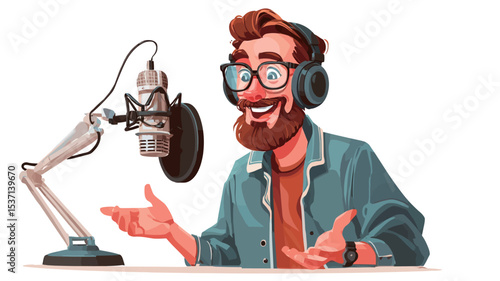 A digital illustration depicts a cheerful, bearded man with glasses wearing headphones and a denim jacket. He is sitting in front of a professional microphone with a flexible boom arm