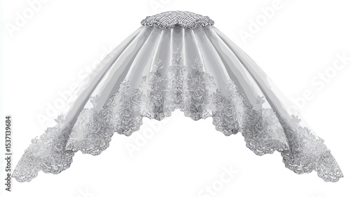 Studio shot of a white lace canopy, possibly for a crib or bed. The canopy is arched and features delicate lace trim along the edges.  The lace appears to have a scalloped or ruffled design.