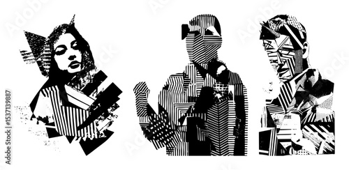 Vector Abstract portraits of three individuals rendered in bold geometric shapes.
