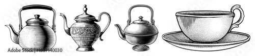 Vector Vintage teapots and teacup set in engraving style.