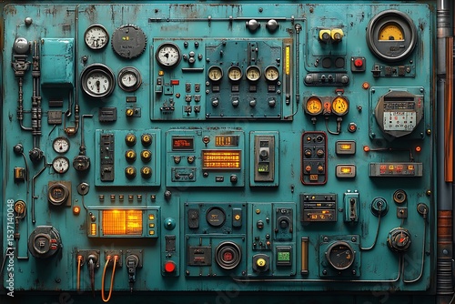 Vintage control panel with gauges and indicators showing retro machinery technology