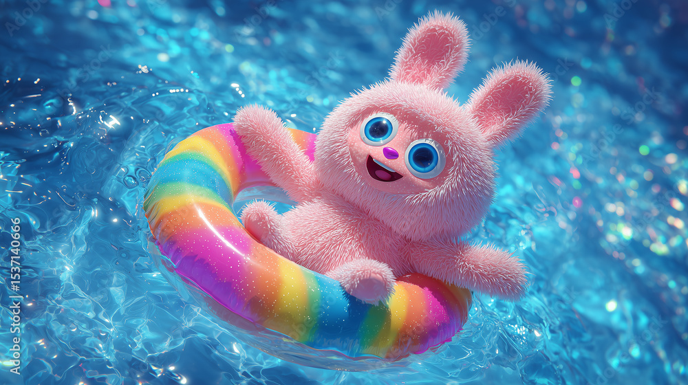 Fototapeta premium Cute Bunny Plush Floating in Pool 