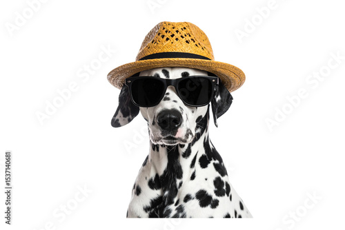 Adorable Dalmatian Dog Posing With Sunglasses and Hat. Transparent Background. PNG.
