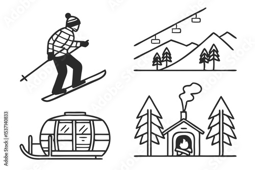 line art illustration featuring ski resort elements. house in the form of a house isolated on white background.