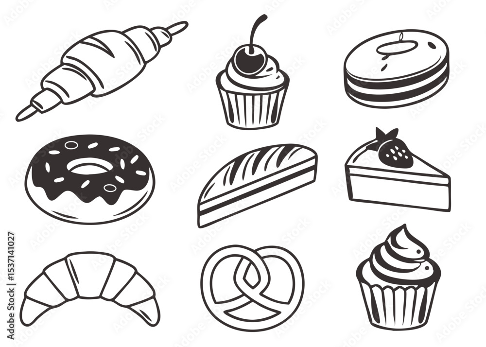 Line art icons of assorted bakery items and desserts isolated on white background. Line art icons of assorted bakery items and desserts isolated on white background.