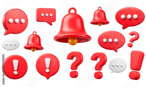 Red bell speech bubble exclamation mark and question mark icons with 3D style symbolizing notification alert message and inquiry isolated on transparent background