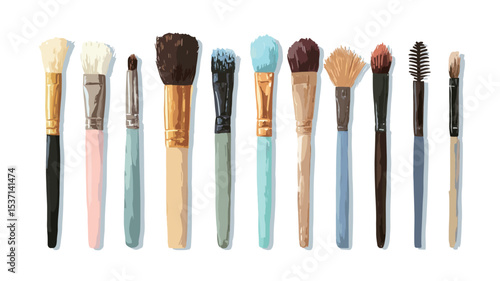 A high-angle, full shot depicts a collection of twelve paint brushes arranged horizontally against a white background. The brushes vary in size, shape, bristle type (both natural and synthetic