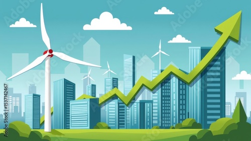 Green Energy Growth Concept with Wind Turbines and City Skyline