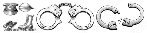 Vector Vintage law enforcement tools featuring handcuffs boots and a cap.