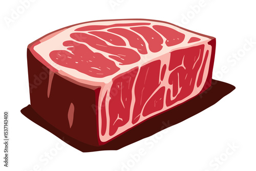 A stylized illustration of a raw, red meat cut, showing marbling and texture.