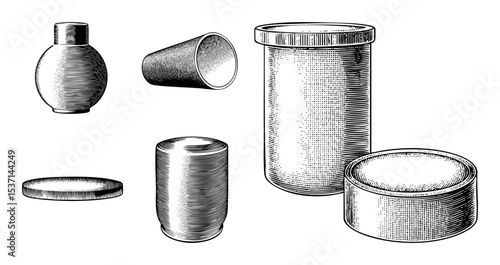 Vector Variety of cylindrical and rounded containers in engraved style .