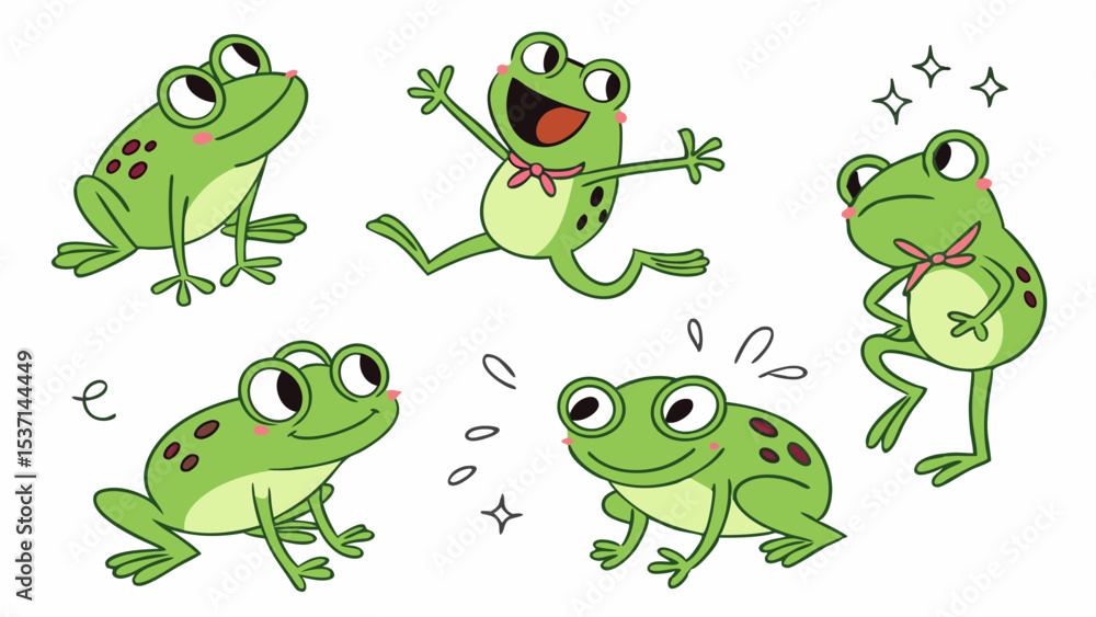 Obraz premium Cartoon Green Frogs in Various Poses on White Background Illustration