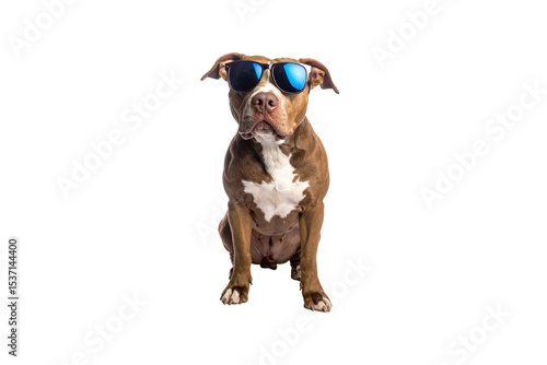 Brown Pitbull Dog Wearing Sunglasses. Transparent Background. PNG.