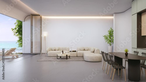Sea view large living room of luxury summer beach house with terrace. Dining table on concrete floor and white wall kitchen in vacation home or holiday villa. Hotel interior 3d illustration.