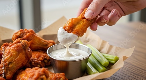 Crispy Buffalo Chicken Wings with Ranch Dip and Fresh Celery Sticks
