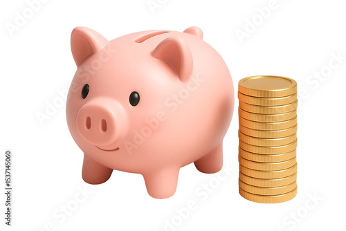3D Piggy Bank with Coin Stack – Finance and Wealth Savings Icon, Isolated on Transparent Background, PNG