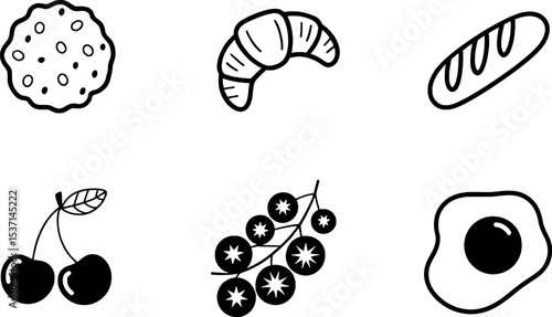 Black and White Food Icons Cookie Croissant Bread Cherries Berries Fried Egg