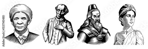 Vector Engraved portraits of historical figures in a vintage style.