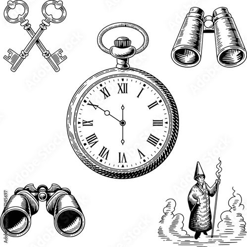Black and White Vintage Illustration Pocket Watch Keys Binoculars Wizard