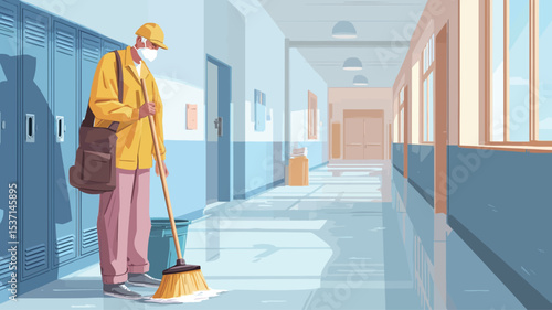 A digital illustration depicting a janitor in a yellow uniform and face mask standing in a long, bright hospital corridor.  The janitor is holding a broom and has a bag slung over their shoulder.