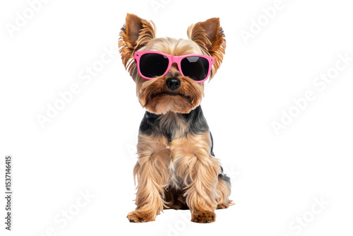 Cute Yorkshire Terrier Dog Wearing Pink Sunglasses. Transparent PNG. Yorkie. Small Breed.