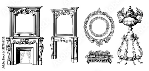 Vector Ornate vintage furniture and decor illustrations showcase classic elements.