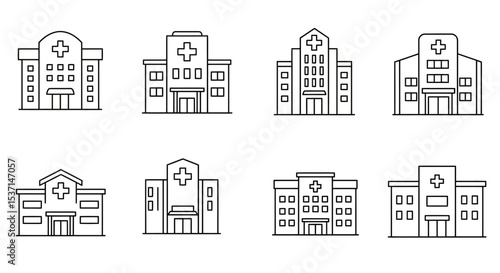 Vector icon of a hospital building in a clean black-and-white style.