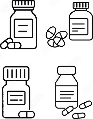 Vector illustration of capsule pills and medicine bottle containers in monochrome line art style.