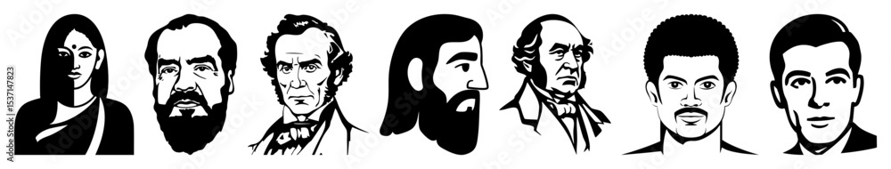 Fototapeta premium Vector Diverse historical figures portraits in a bold vector style.