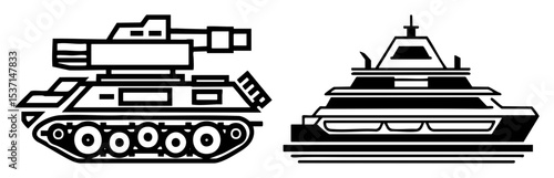 Vector Military vehicles featuring a tank and a warship.