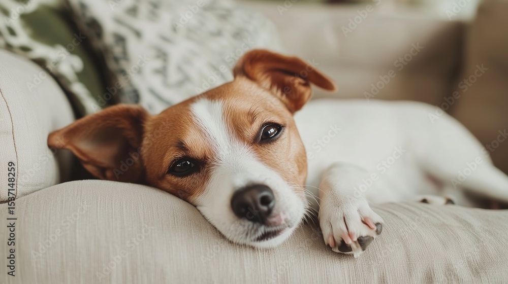 Obraz premium Relaxing dog resting on a light-colored couch in a cozy living room during the afternoon