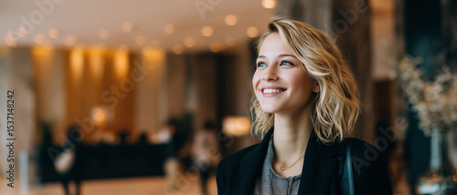 young, ambitious blond receptionist / businesswoman / hotel manager looking up with a smile; luxury spa / conference center interior