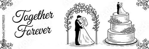 Wedding Cake Illustration Black and White Couple Floral Arch Together Forever