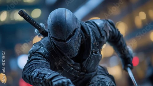 Stealthy Ninja in Action Amidst Urban Nightscape