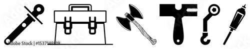 Vector Black vector illustrations of tools including scissors toolbox  hammer hook and knife.