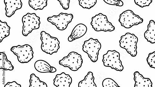 Monochrome Food Pattern of Hand-Drawn Chicken Nuggets on White Background