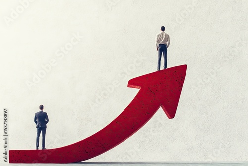 Business growth and success. Two business figures atop a rising red arrow, signifying progress