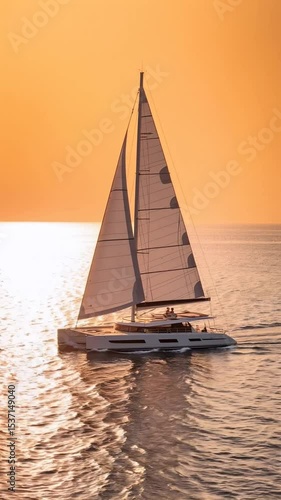 Sailing Into the Sunset on a Catamaran in the Open Sea During a Beautiful Evening