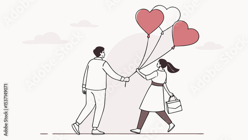 Couple Sharing Heart Balloons A Romantic Illustration