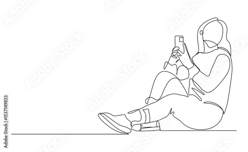 Continuous line drawing of business woman holding smartphone. Editable stroke sketch line concept of finger click phone. Vector illustration
