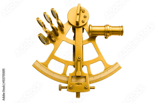 Antique brass sextant for celestial navigation and maritime exploration on a transparent background