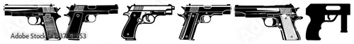 Vector Detailed illustrations of various firearm silhouettes in a monochrome style.