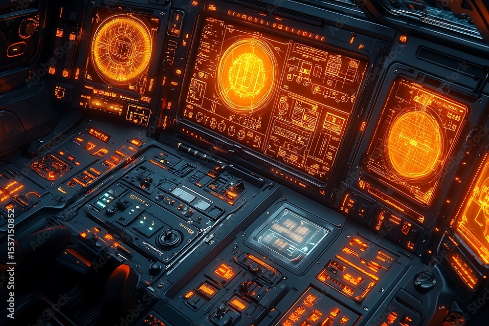 Obraz premium Futuristic cockpit interior illuminated with orange lights displays for space travel control