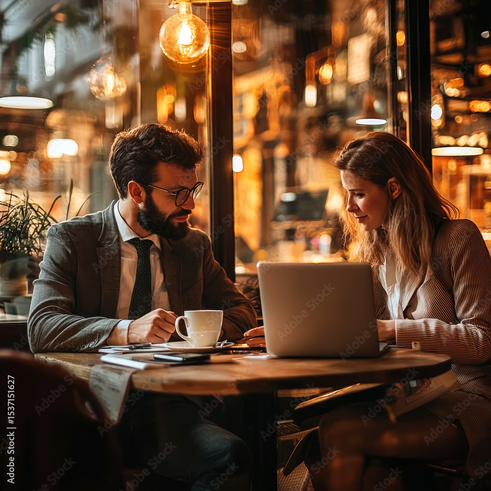 A warm café setting features two professionals collaborating over coffee and a laptop, exuding focus and connection. Business ads, team promotion, or modern workplace visuals. A warm café setting features two professionals collaborating over coffee and a laptop, exuding focus and connection. Business ads, team promotion, or modern workplace visuals.