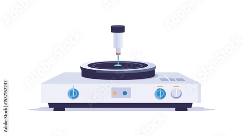 A digital illustration depicting a piece of modern laboratory equipment. The apparatus is primarily white with subtle blue accents on control knobs.  It features a circular base, a central vertical