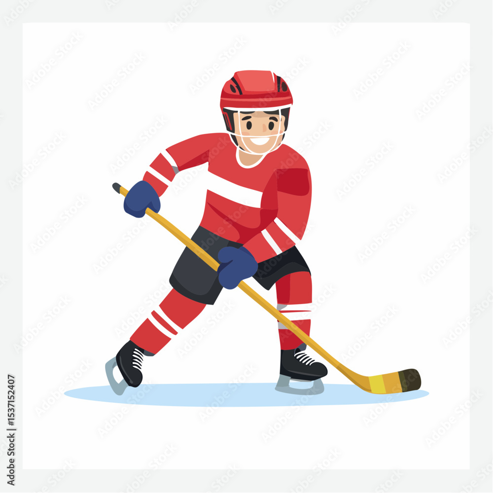 Fototapeta premium Hockey Player Illustration: A vibrant illustration captures a determined hockey player in action, poised to take a shot with his hockey stick.
