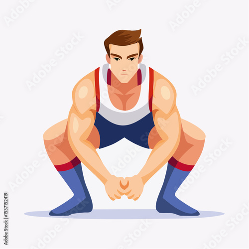 Weightlifter Ready to Lift: An athletic weightlifter crouches, poised to lift, muscles taut with anticipation, embodying strength and focus in a dynamic pose.