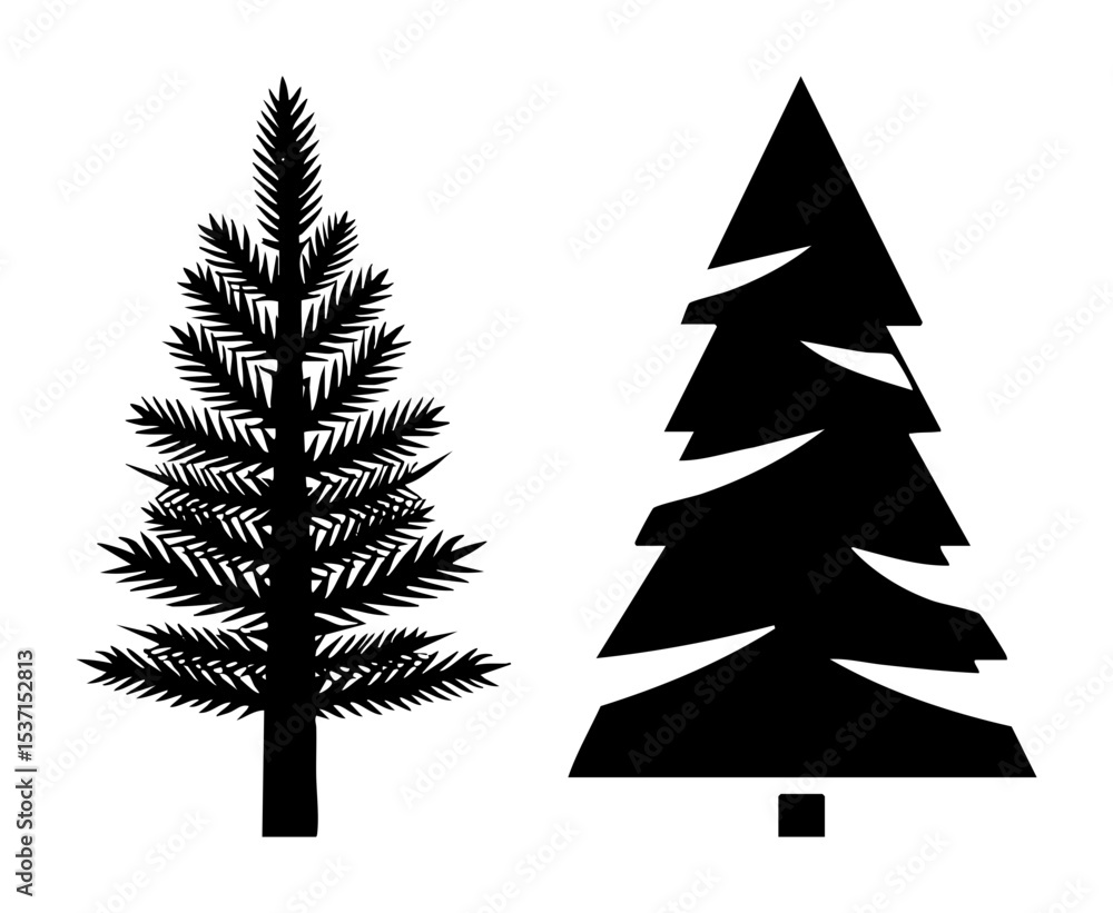 Fototapeta premium Vector Two stylized evergreen trees a detailed and a minimalist .