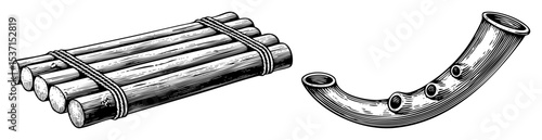 Vector Vintage wind instruments panpipes and horn detailed engraving .