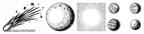 Vector Celestial bodies featuring a comet cratered planet and planetary system.